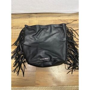 Victoria's Secret Black Faux Leather Fringe‎ Drawstring Bucket Bag